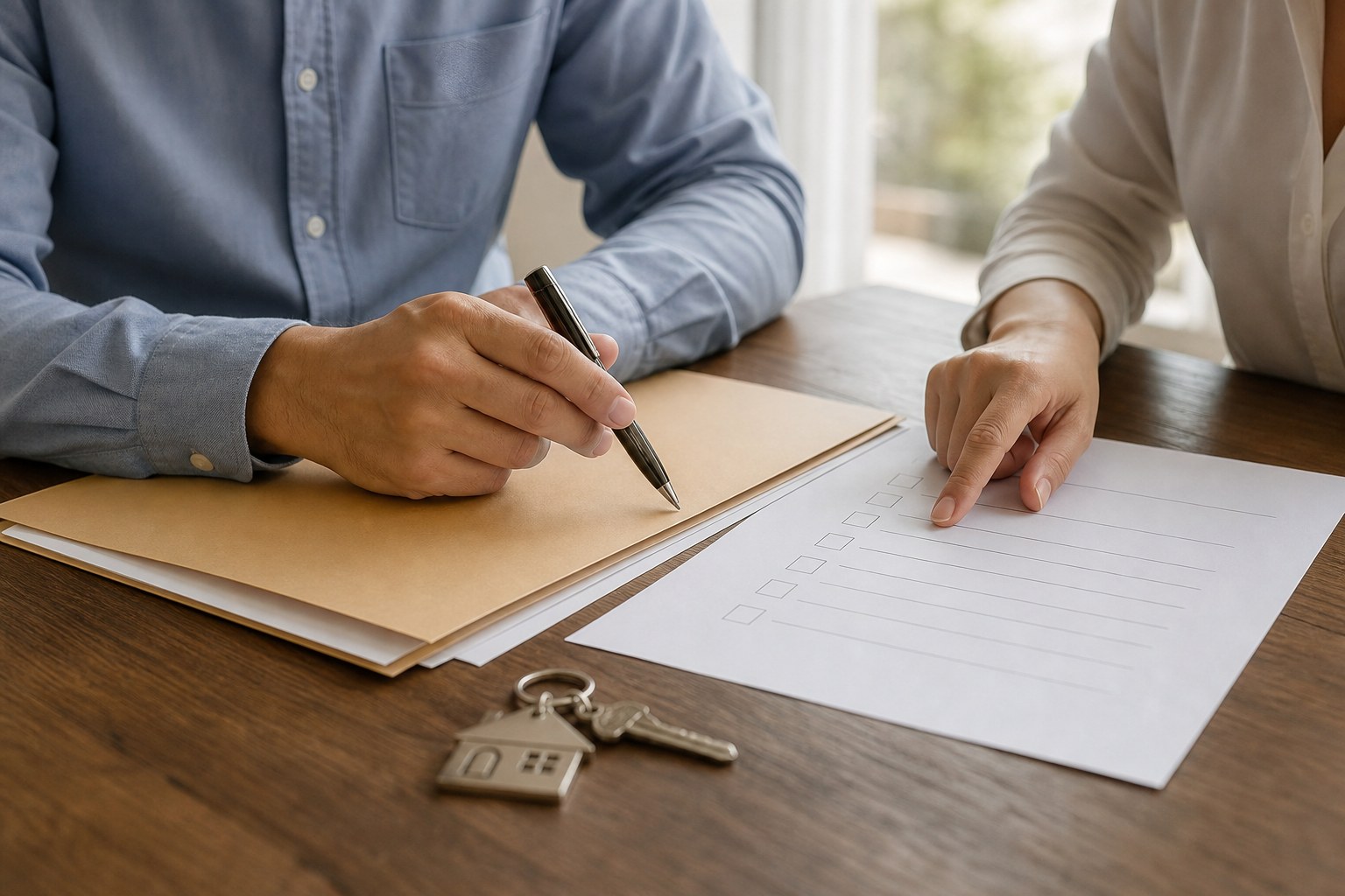 Two adults comparing a folder and simple checklist at a table