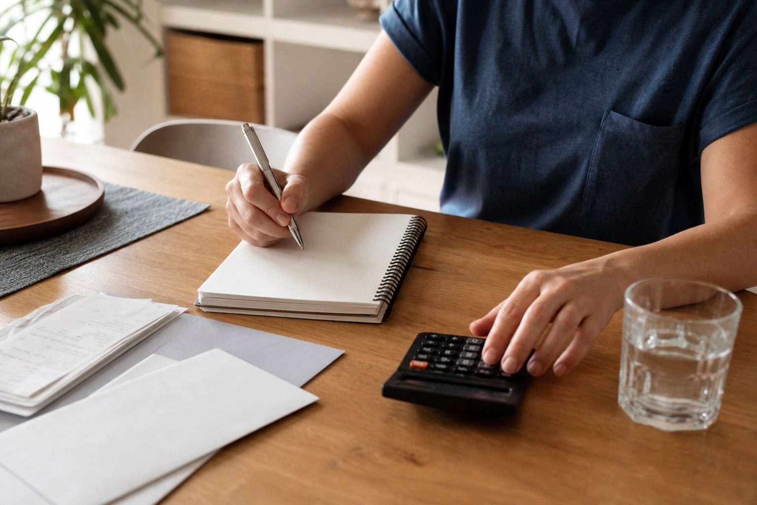 An adult using a calculator and notebook to plan household finances