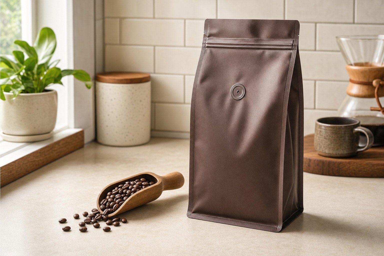 Sealed coffee bag with a one-way valve beside a scoop of whole beans
