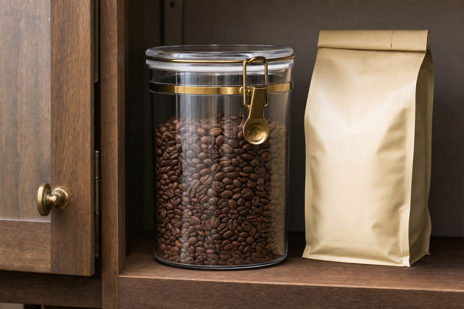 Airtight canister of whole coffee beans and a sealed coffee bag inside a kitchen cupboard