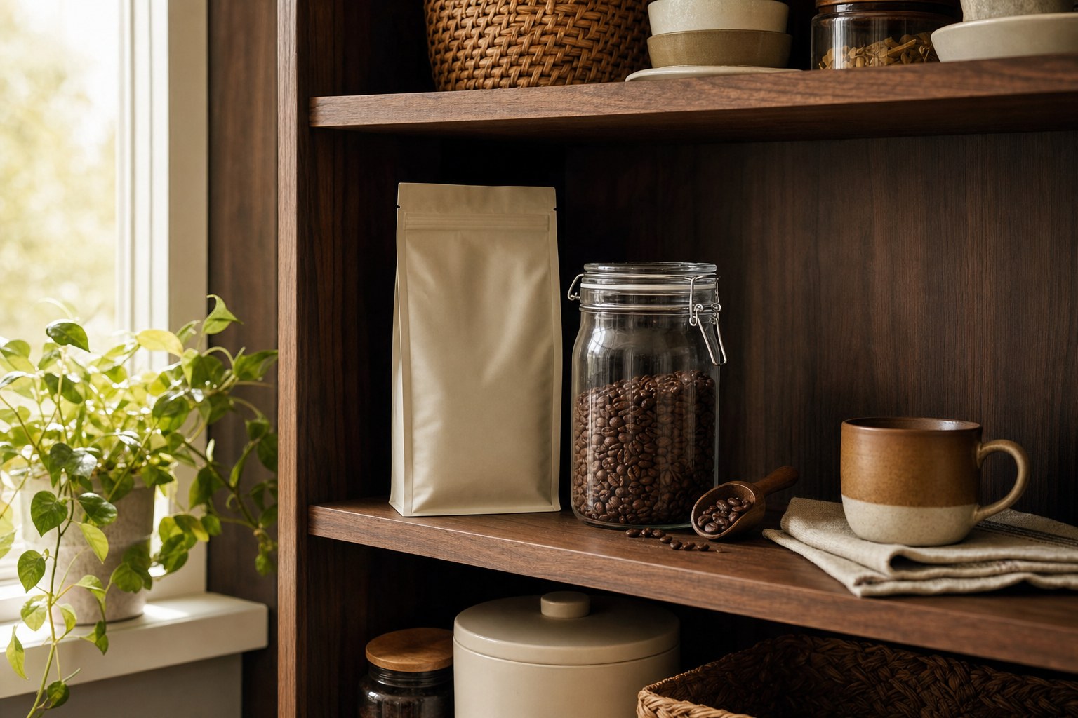 Whole coffee beans in a sealed bag and airtight canister on a kitchen pantry shelf
