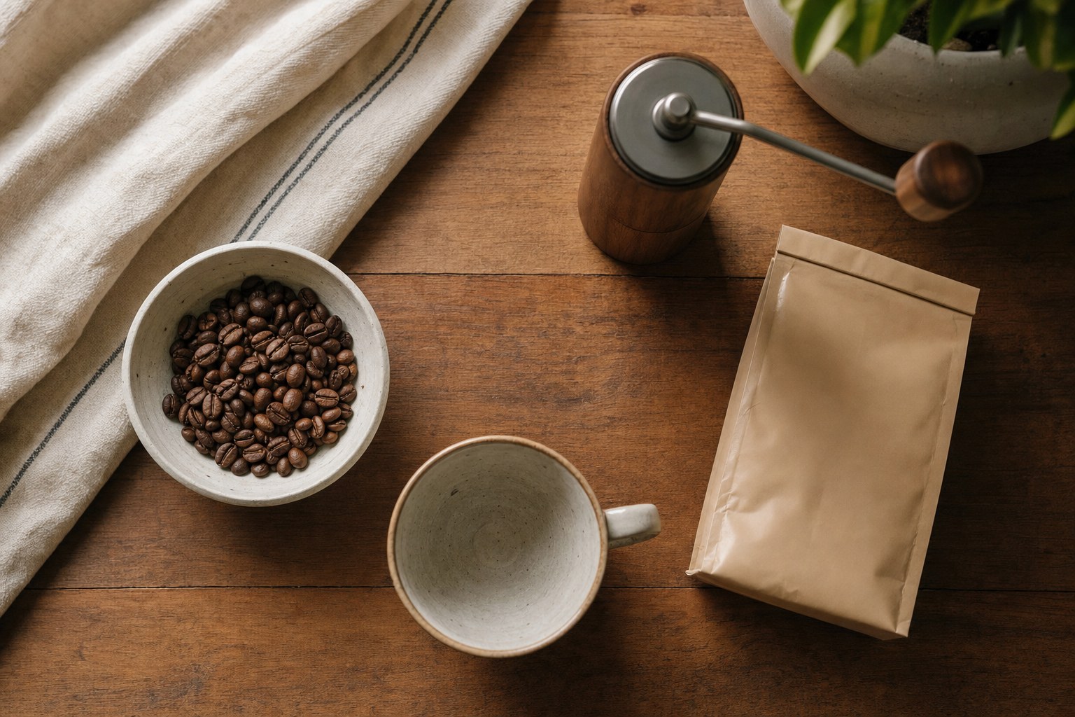 Whole coffee beans, grinder, coffee bag, and cup arranged on a wooden table