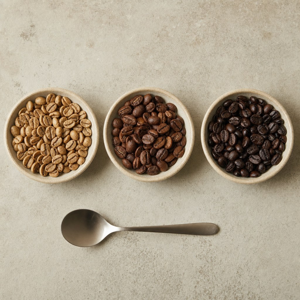 Light, medium, and dark roasted coffee beans in ceramic bowls