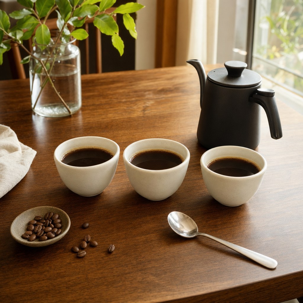 Three cups of coffee set out for a tasting at home