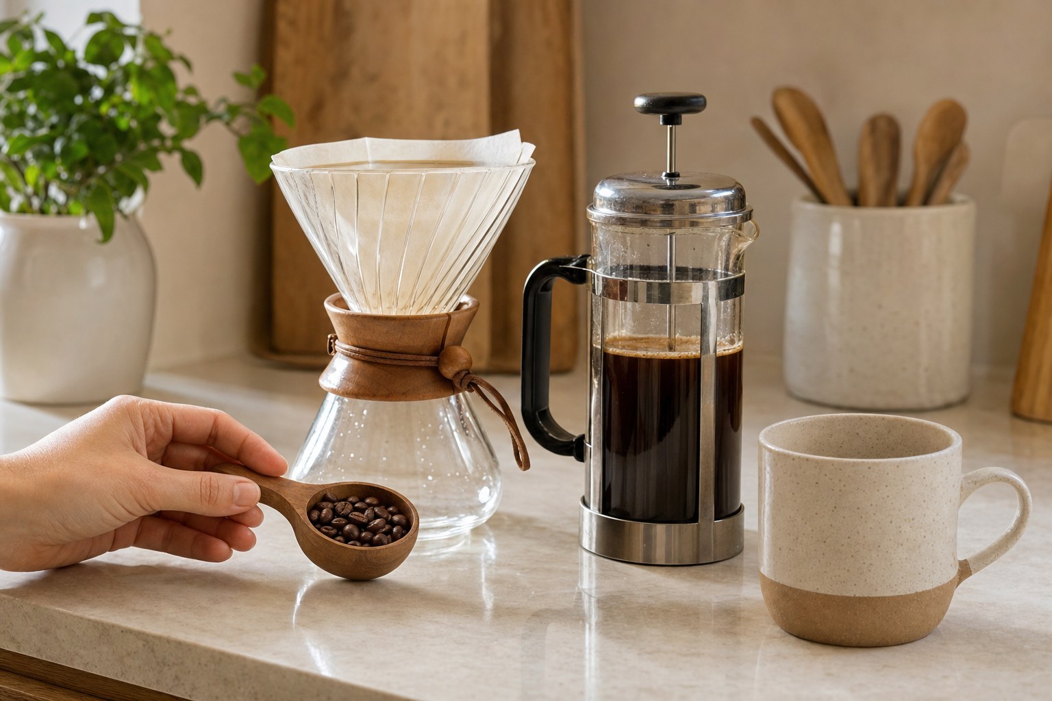 Whole coffee beans beside a pour-over brewer and French press