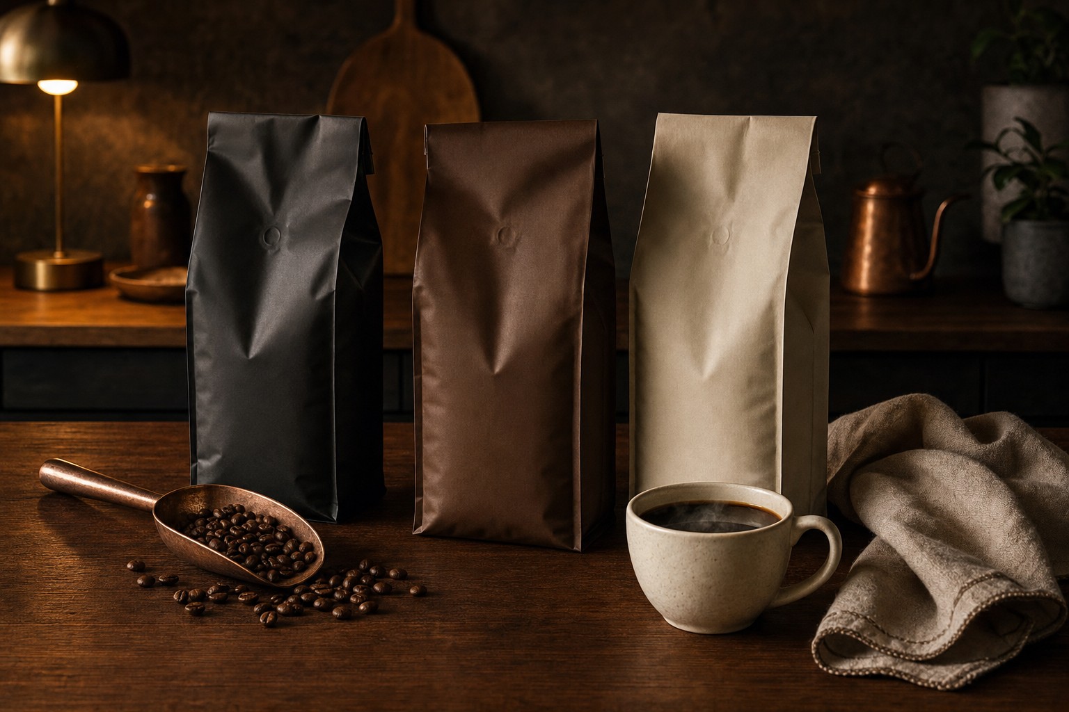 Coffee bags, beans, and a cup on a walnut table