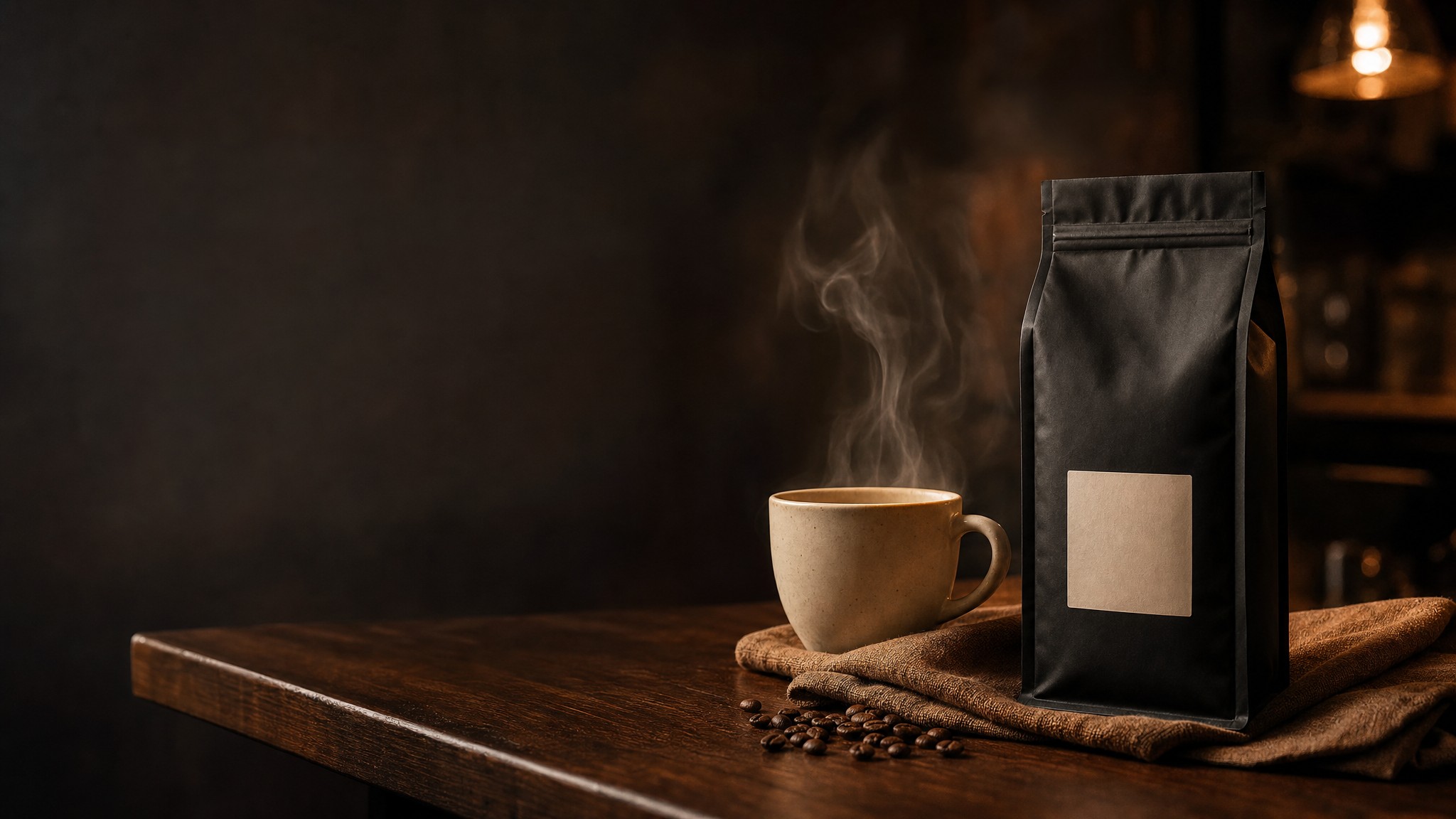 Steaming coffee beside an unbranded coffee bag on a walnut counter