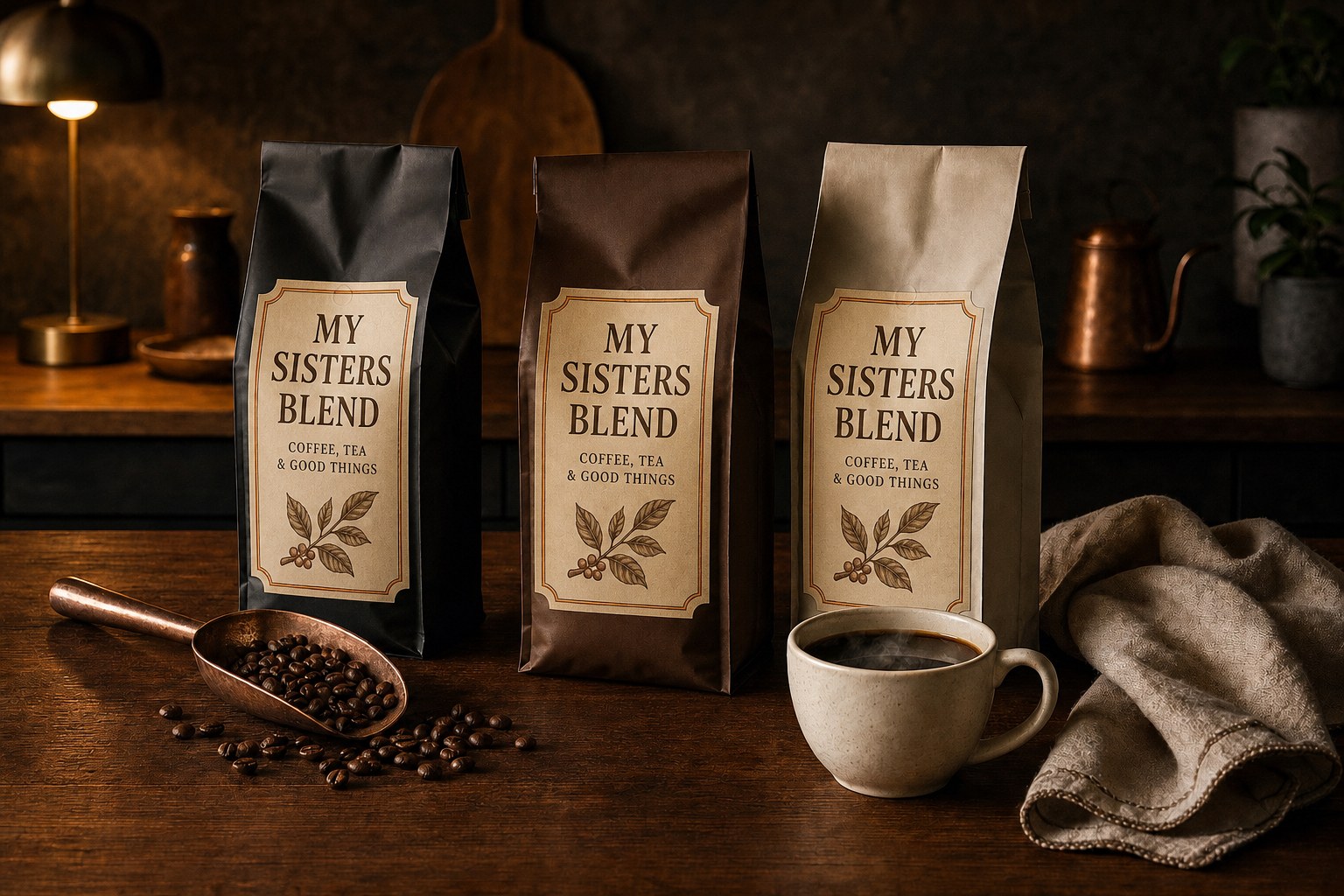 Coffee bags, beans, and a cup on a walnut table