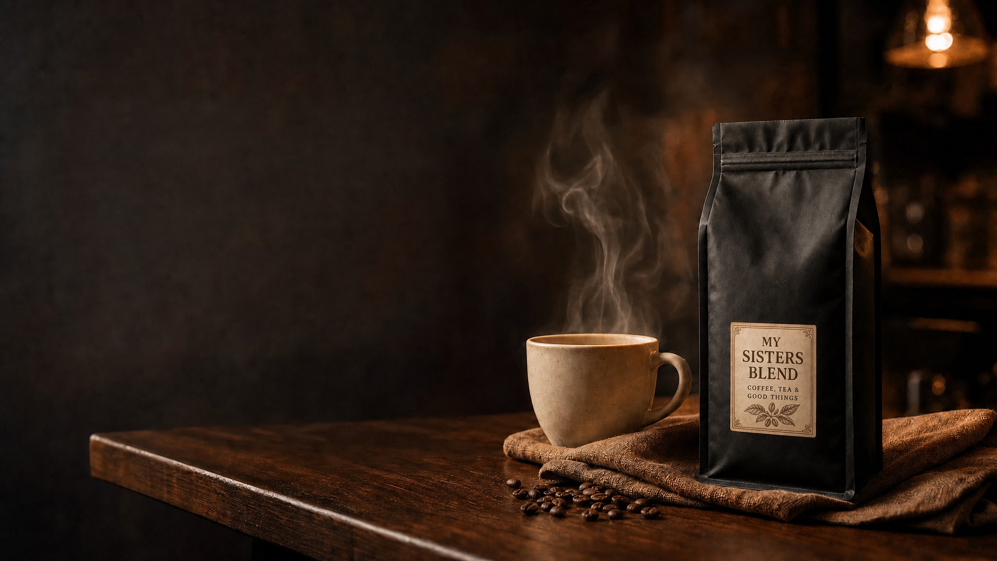 Steaming coffee beside an unbranded coffee bag on a walnut counter