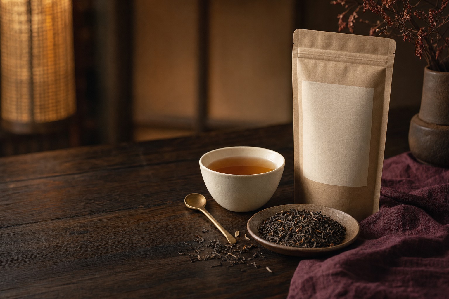 Loose tea and a cup of tea on a wooden table