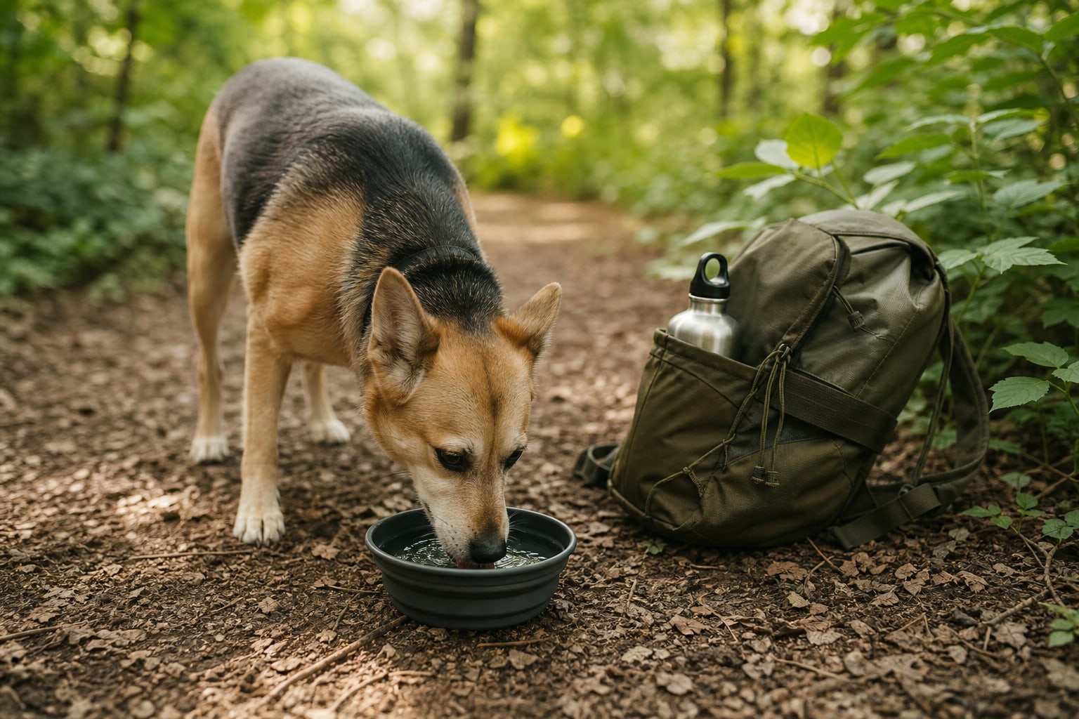 Dog drinking from a collapsible travel bowl on a shaded green trail