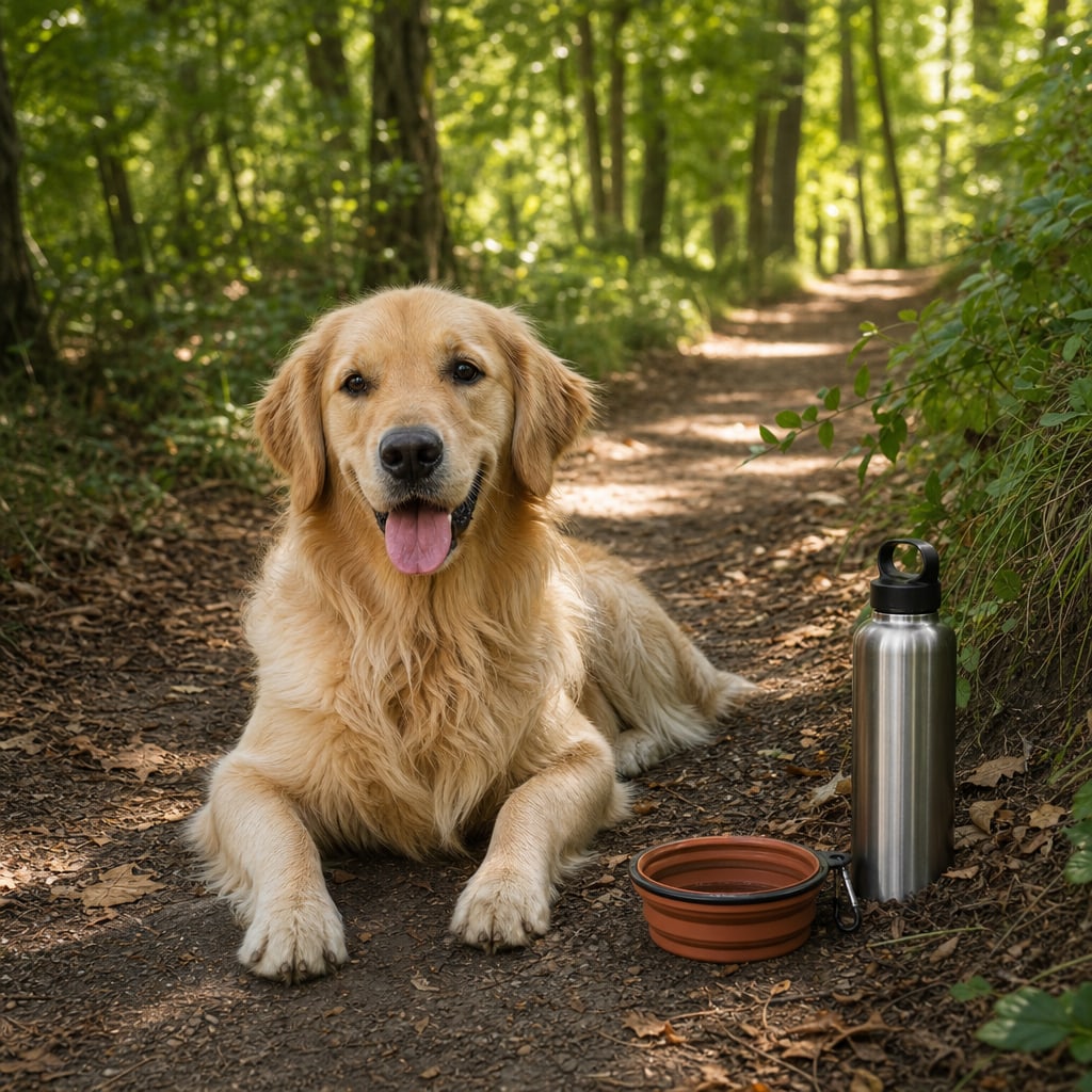 Golden retriever beside a travel bowl on a shaded woodland path