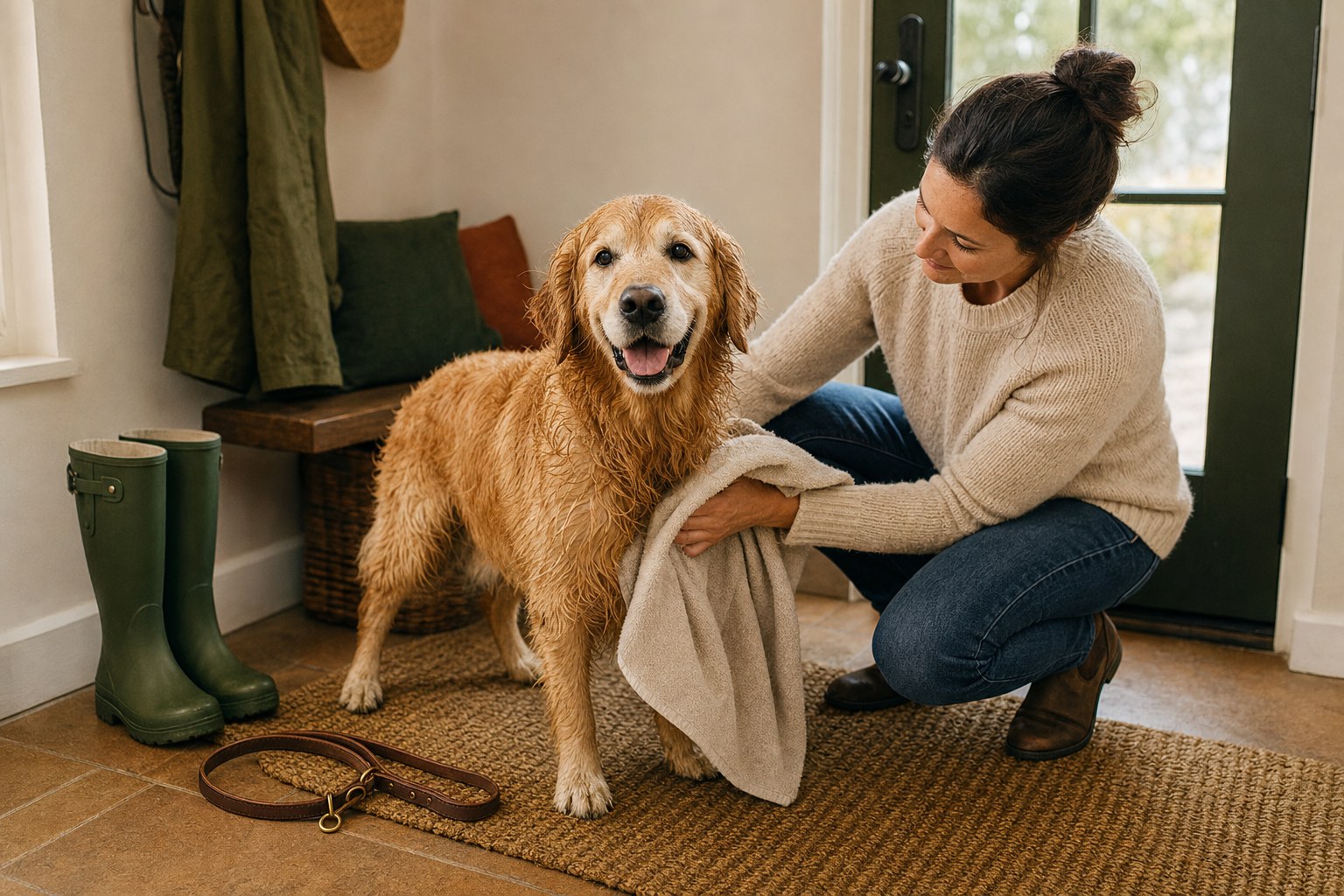 Pet parent gently drying a dog with a towel in a warm entryway