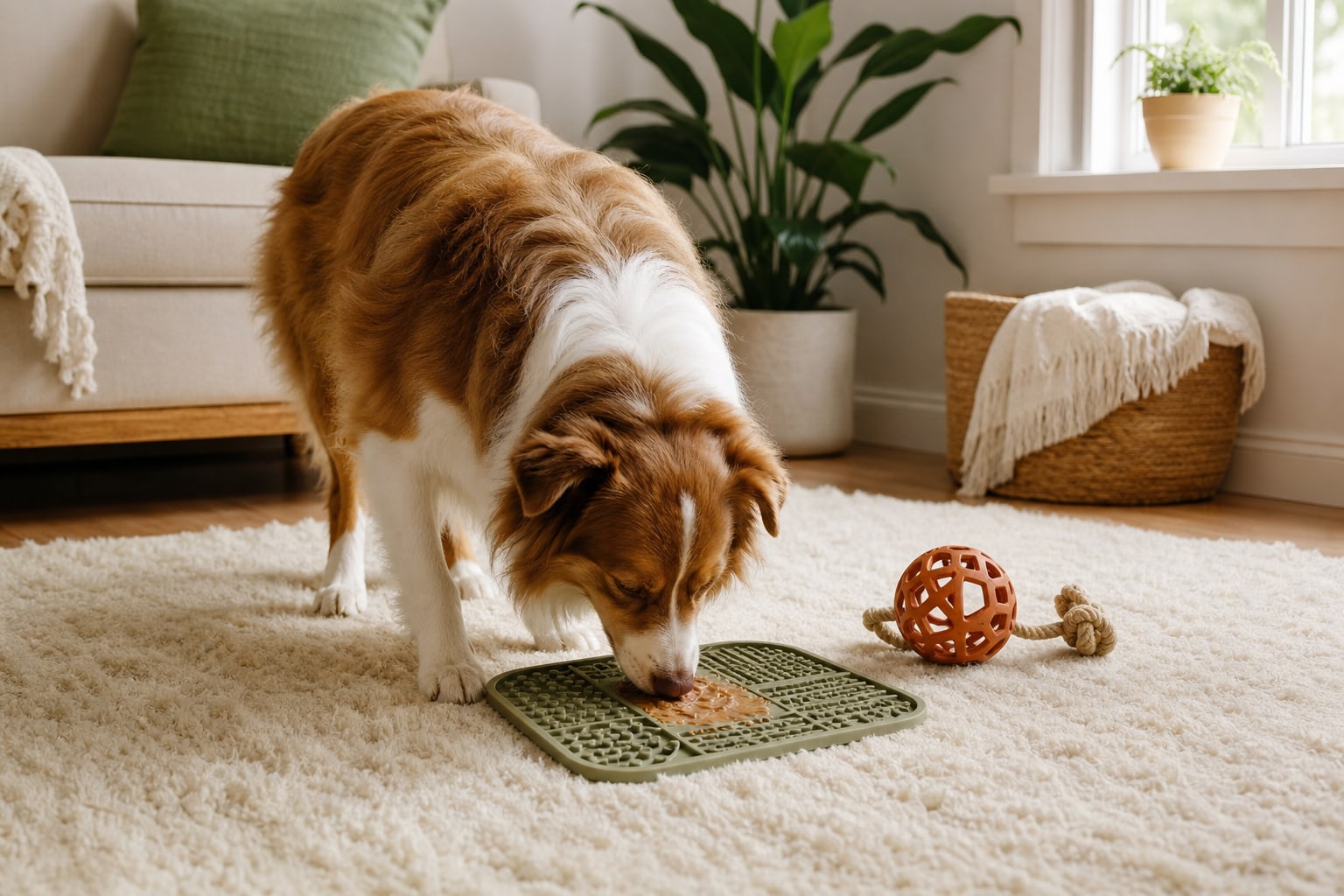 Dog exploring a lick mat and enrichment toy on a rug indoors
