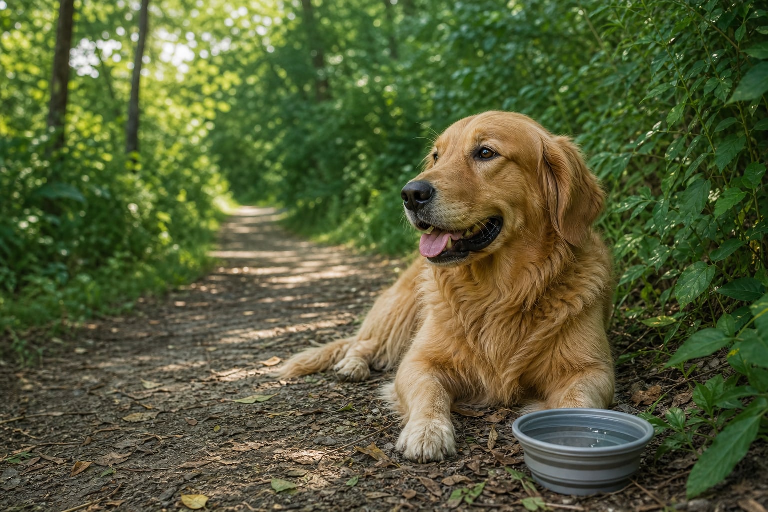 Golden retriever resting in shade beside a collapsible water bowl on a leafy trail