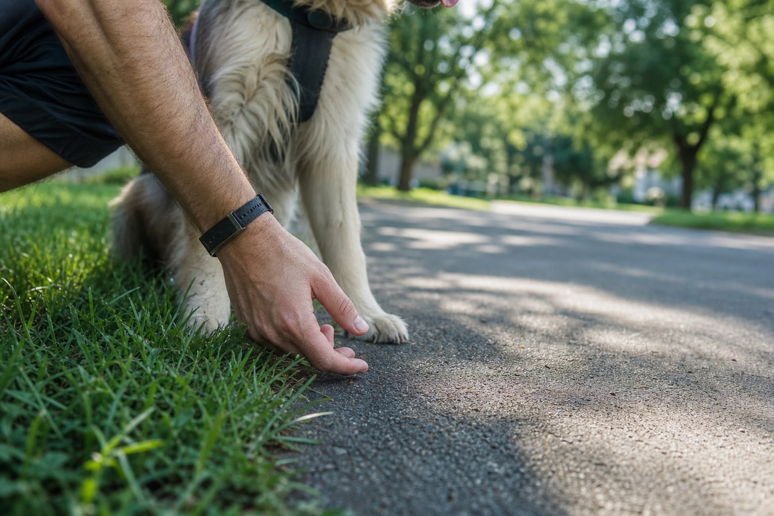 Dog standing on grass beside a sunlit path while its owner checks the pavement