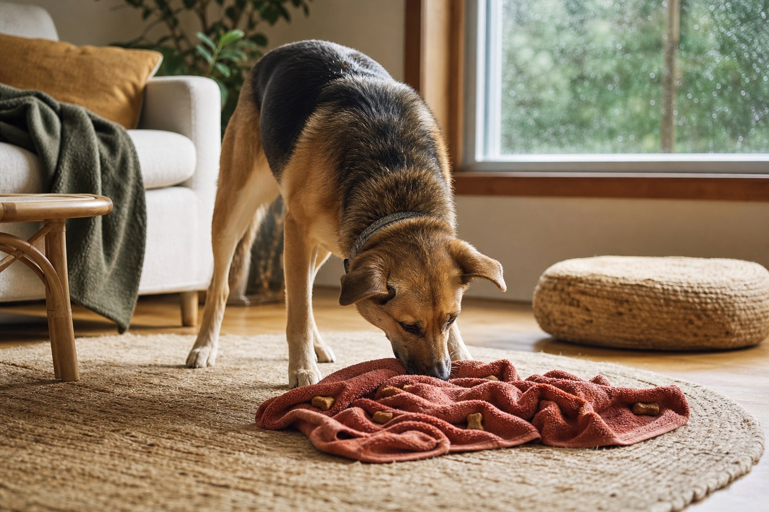 Dog exploring a folded towel sniffing game indoors on a rainy day