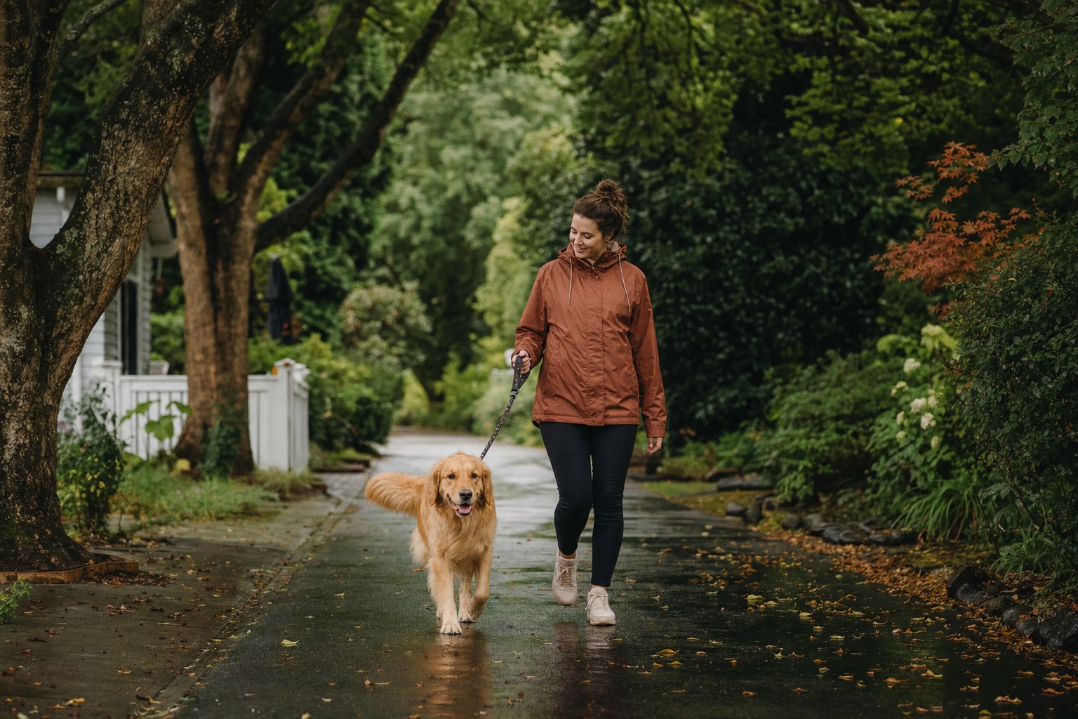Dog and pet parent walking together on a leafy path after light rain