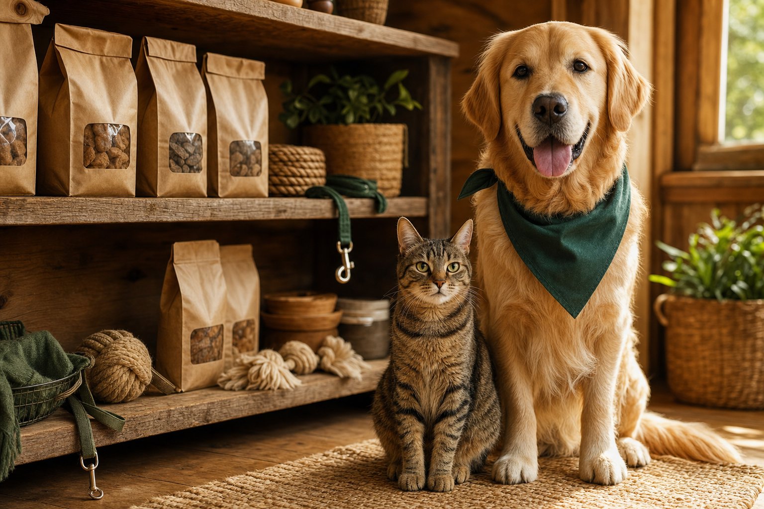 Golden retriever and tabby cat beside a rustic pet pantry