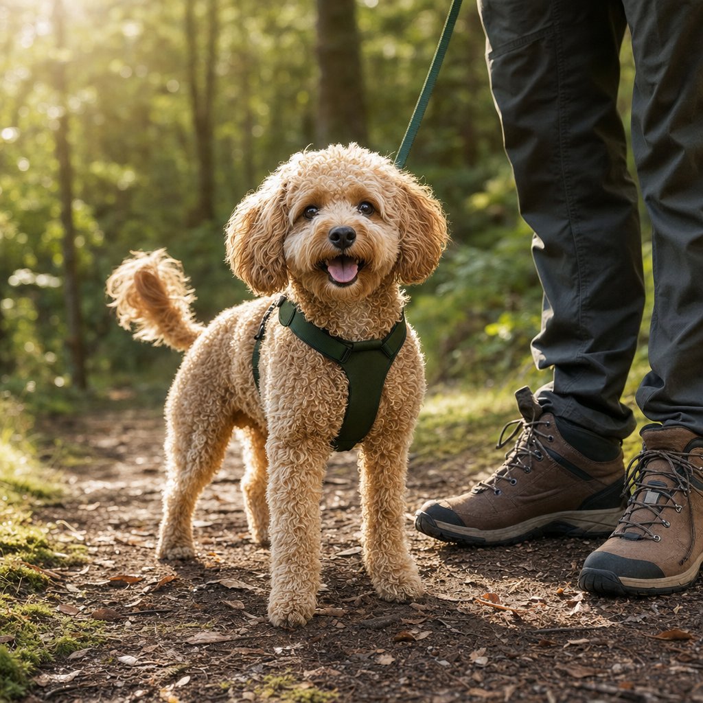 Dog in a green harness on a woodland walk