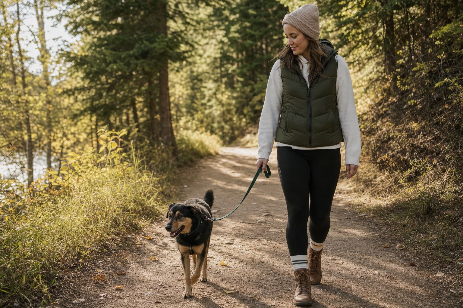 Pet parent walking a dog with a green leash on a woodland path