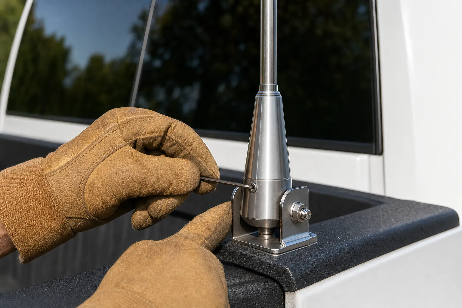 Hands using a hex key to adjust a CB antenna whip at its mounting point