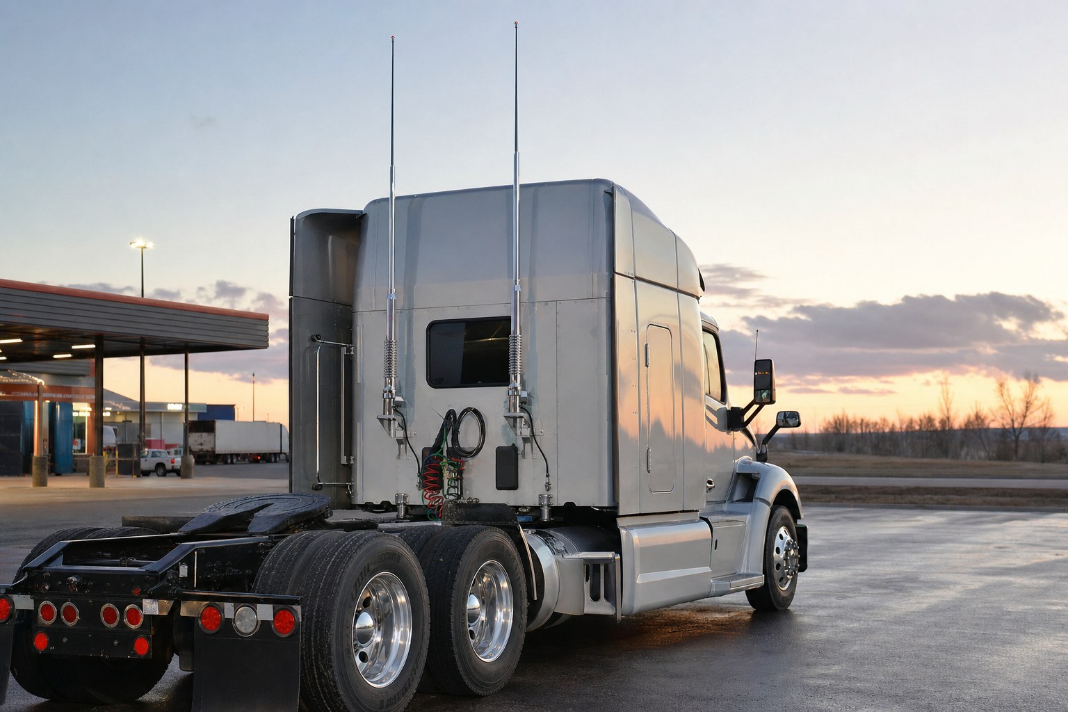 Semi truck with two tall CB antennas mounted behind the sleeper cab
