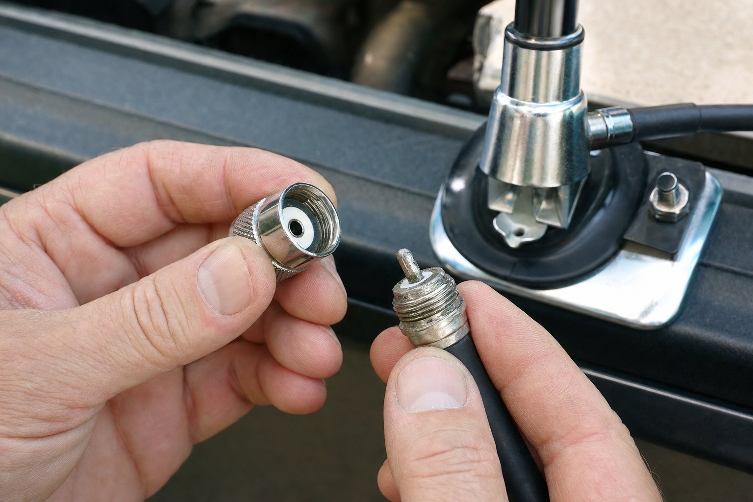CB coax connector and center pin inspected before connection to an antenna mount