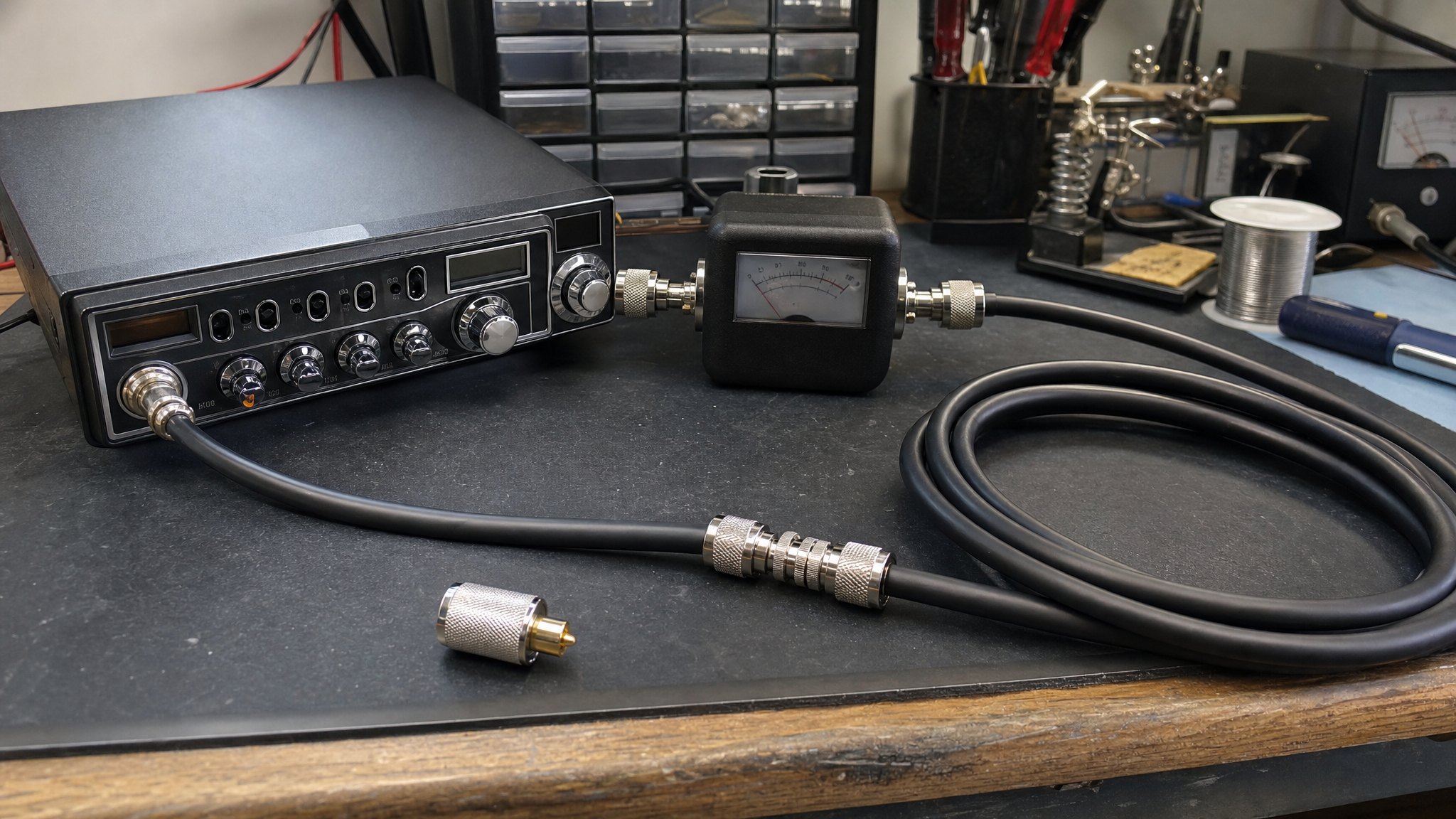 CB antenna coax cable and connectors beside a radio and SWR meter