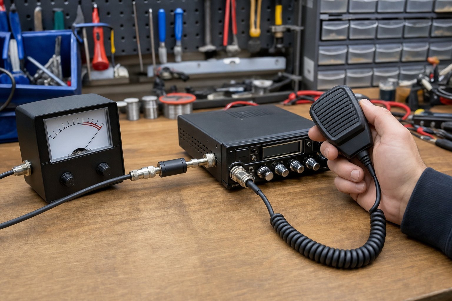 CB radio and analog SWR meter connected for an antenna-system check on a workbench