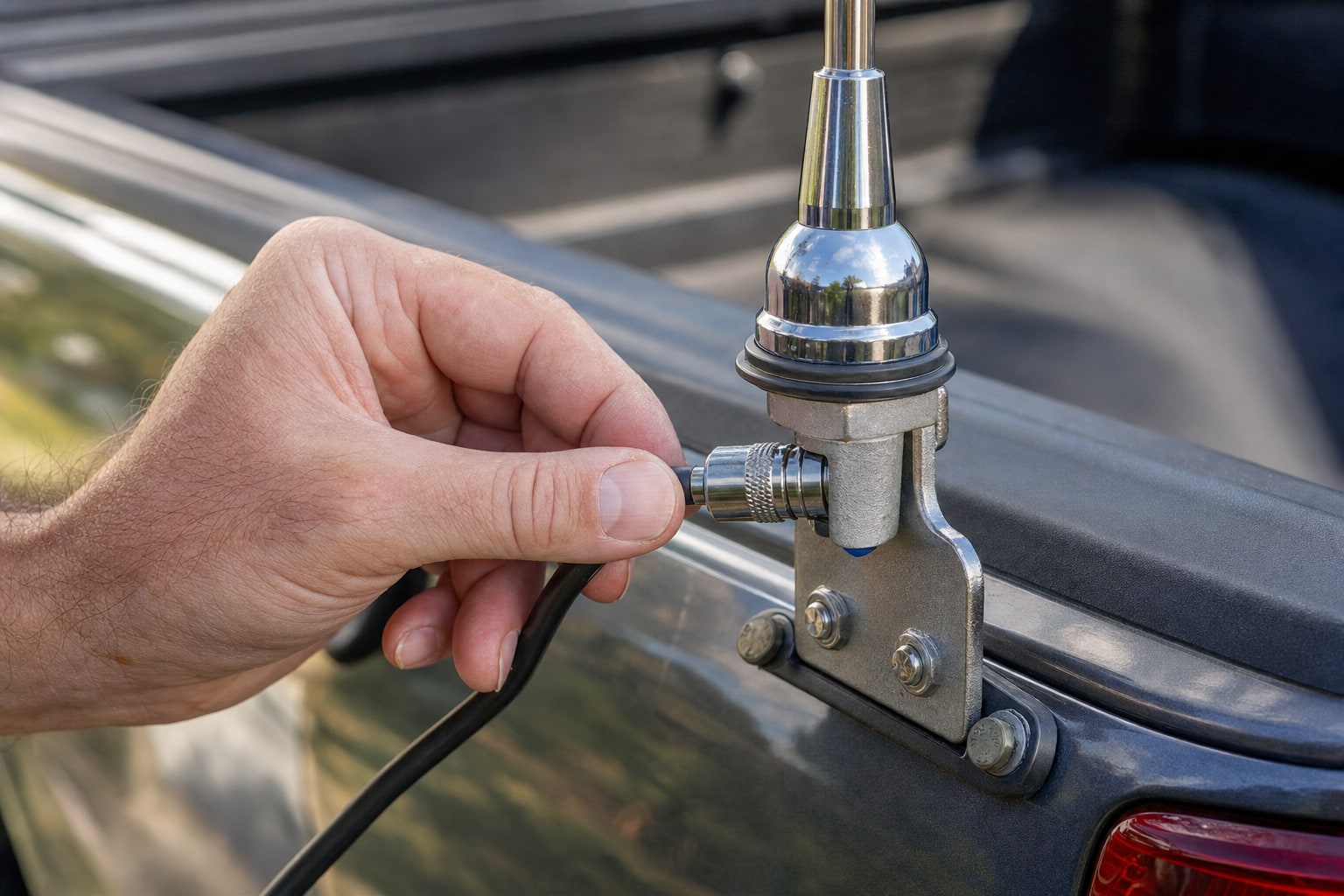 CB antenna mount and coax connector being checked on a pickup truck bed rail