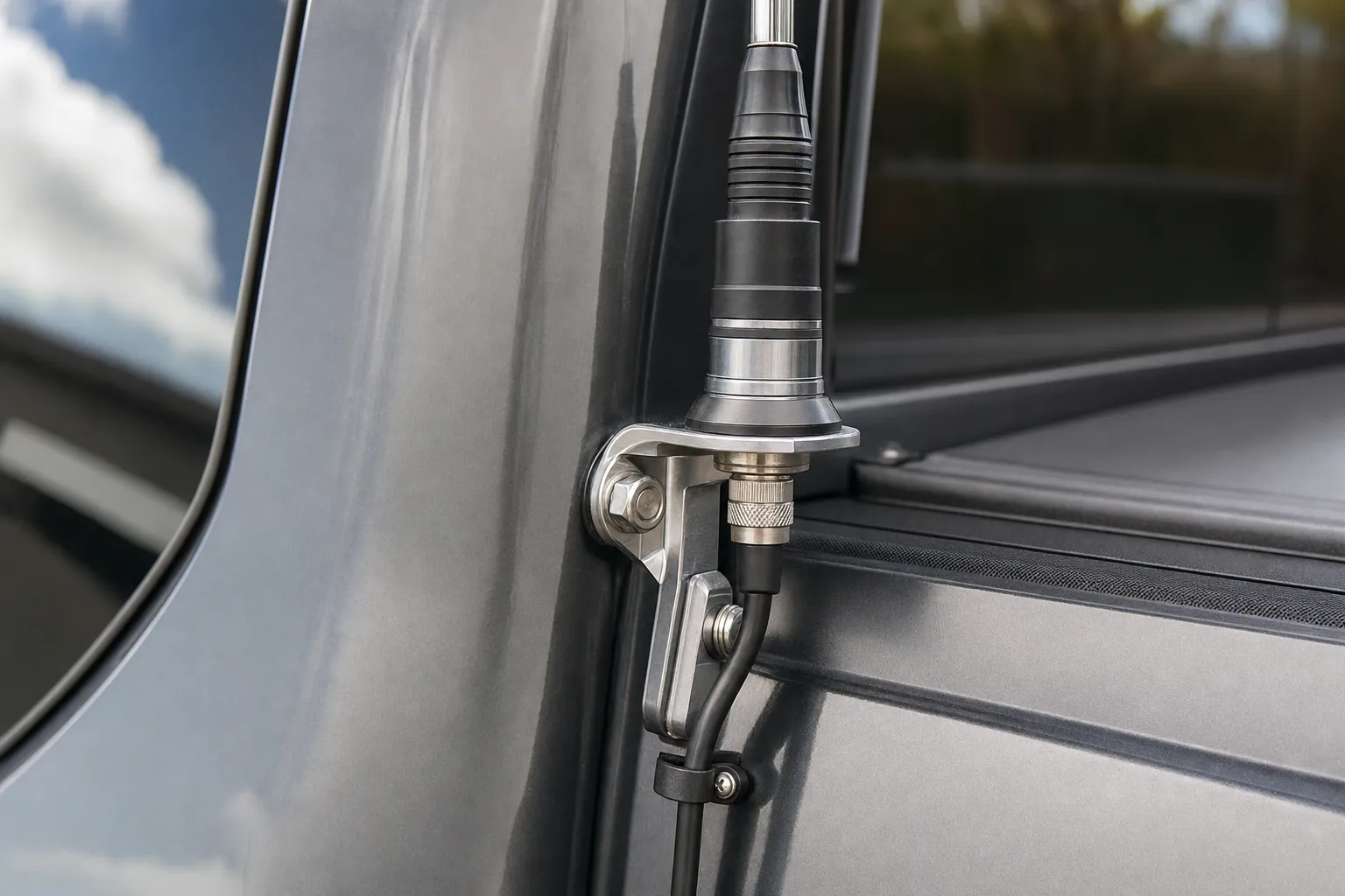 CB antenna mount and coax connector secured on a truck body panel