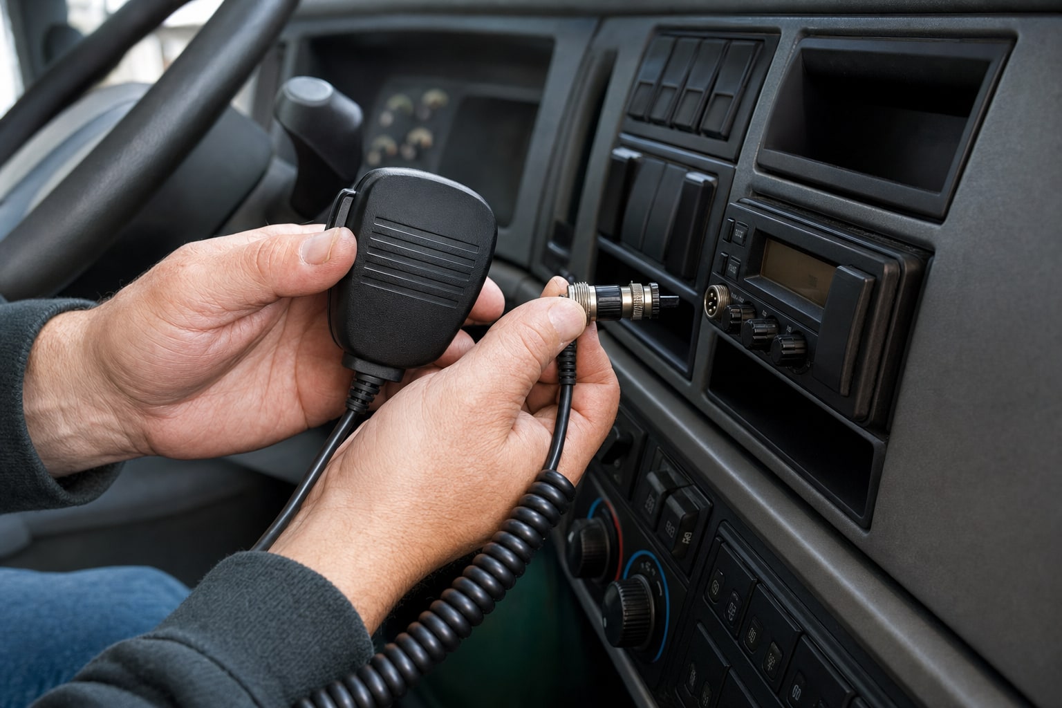 Hands checking a CB microphone plug before connecting it to a truck-mounted radio