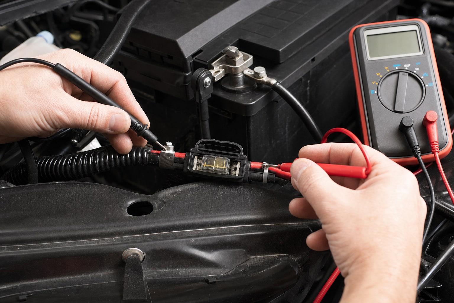 Vehicle battery connection, inline fuse holder and power leads being checked with a multimeter
