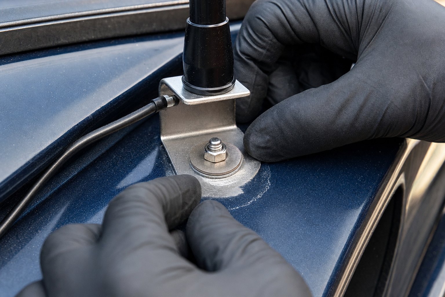 CB antenna bracket checked for a clean metal-to-metal electrical contact point