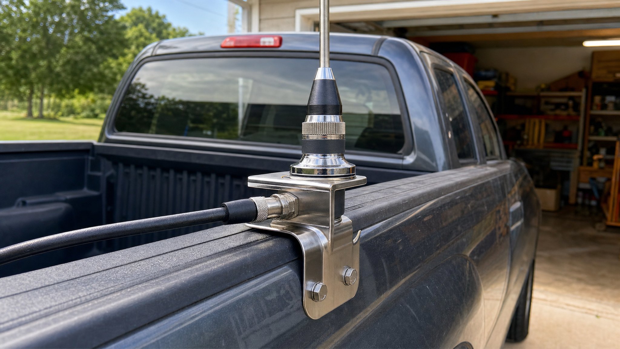 CB antenna mount secured to the bed rail of a pickup truck