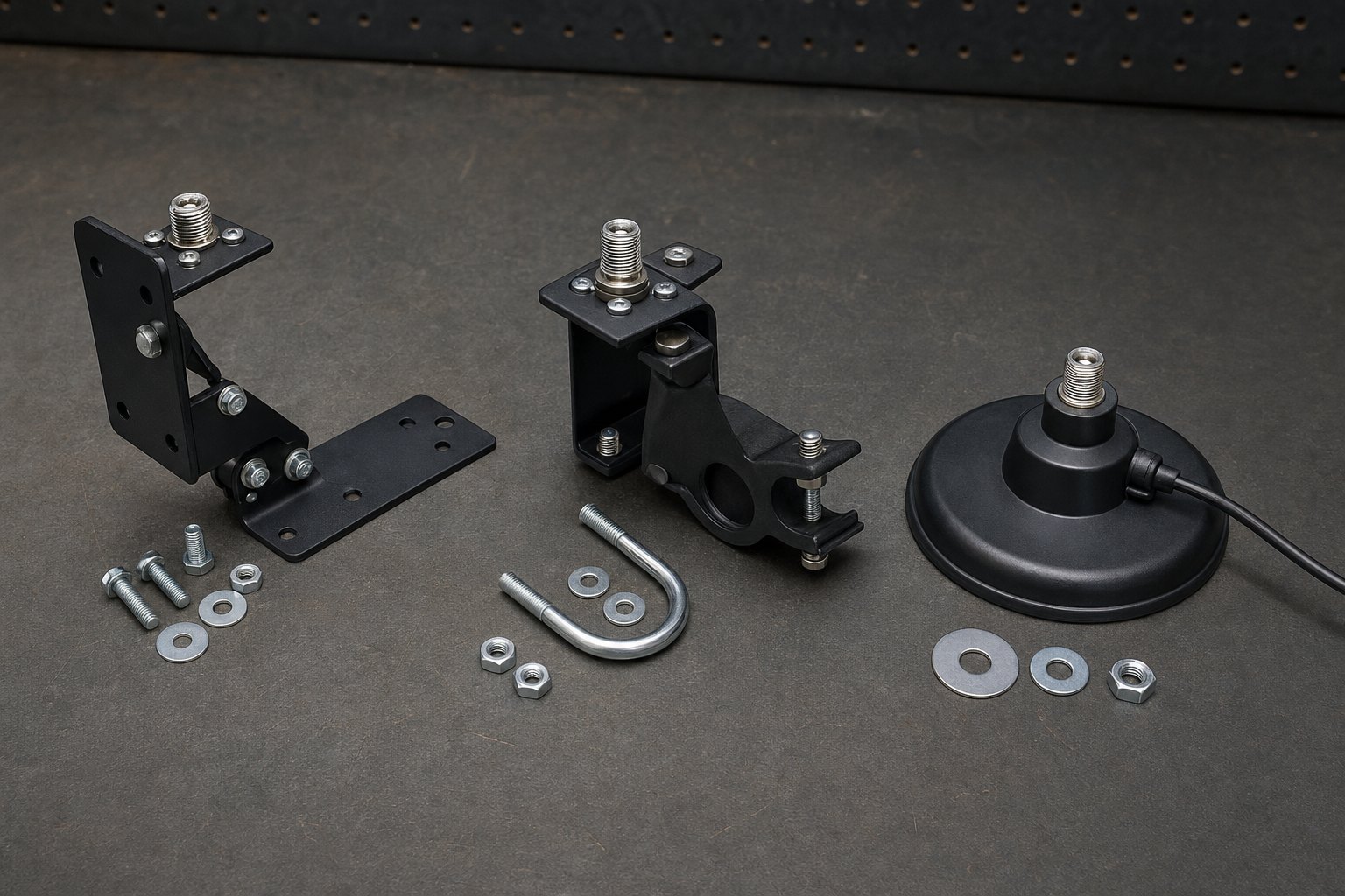 Mirror bracket, bed-rail bracket and magnetic CB antenna mounts on a workbench