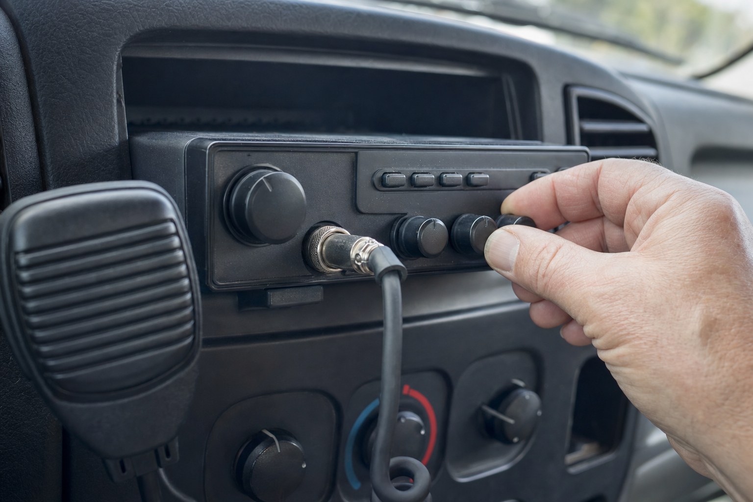 Hand adjusting the controls on a CB radio installed in a pickup truck