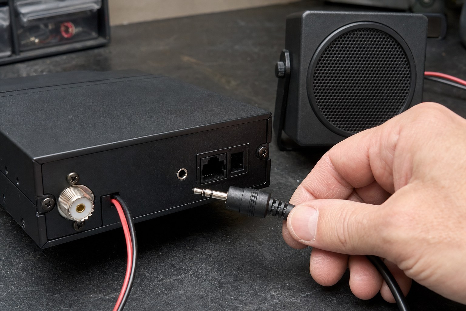 External speaker plug being checked beside an unbranded CB radio and external speaker