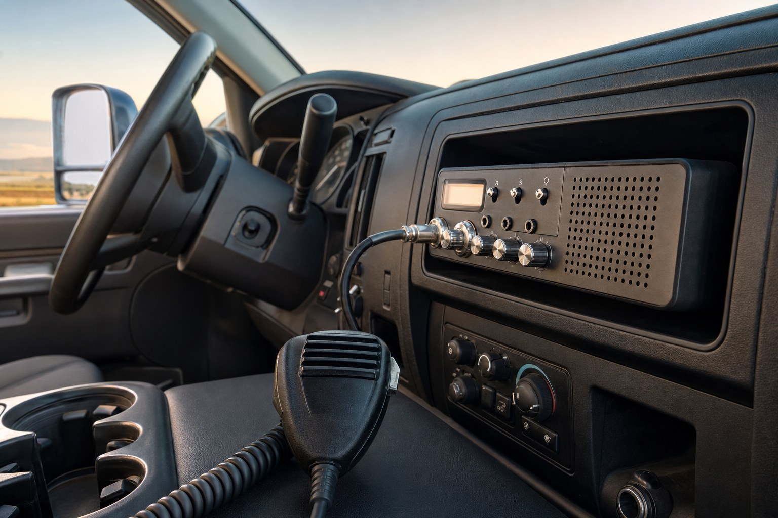 Powered CB radio and microphone installed in a pickup truck cab