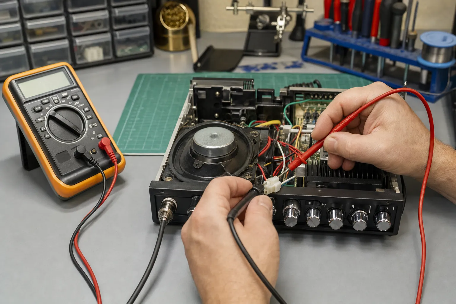 Technician checking the speaker circuit inside a CB radio on a repair bench