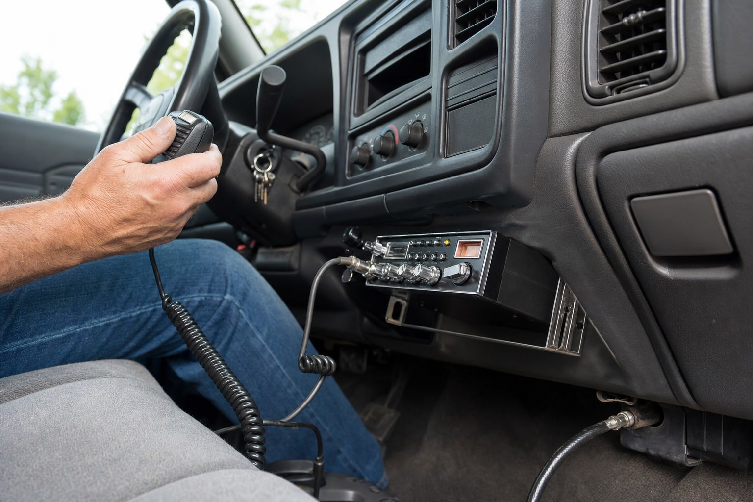 CB radio and handheld microphone installed in a pickup truck cab