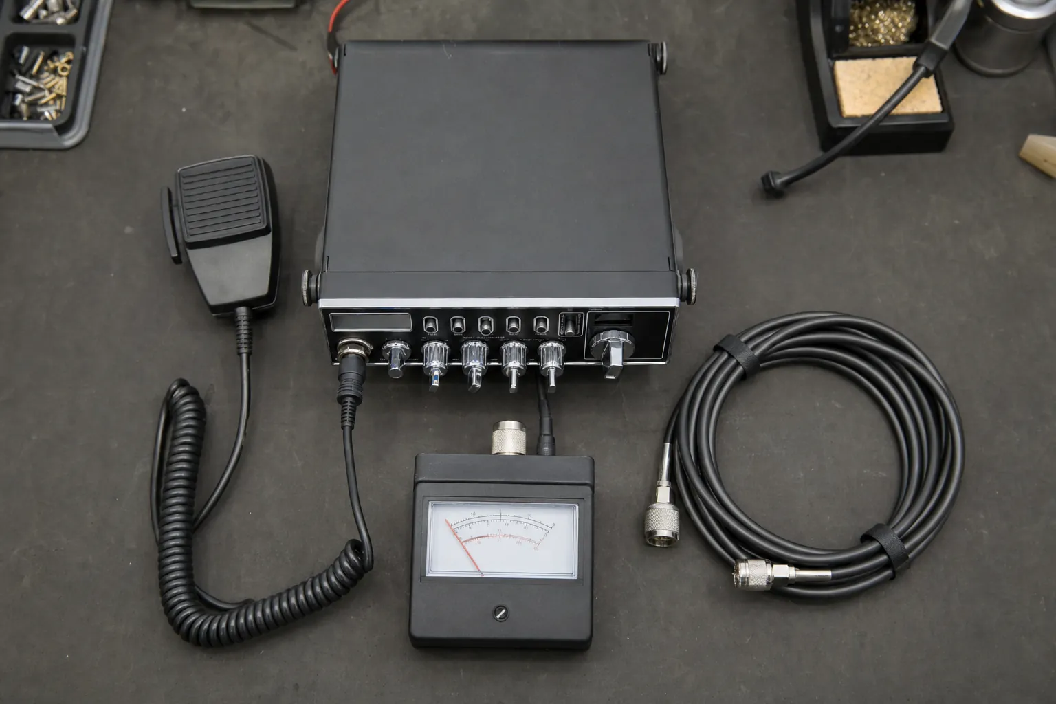 CB radio, SWR meter, microphone and coax cable prepared for a channel check