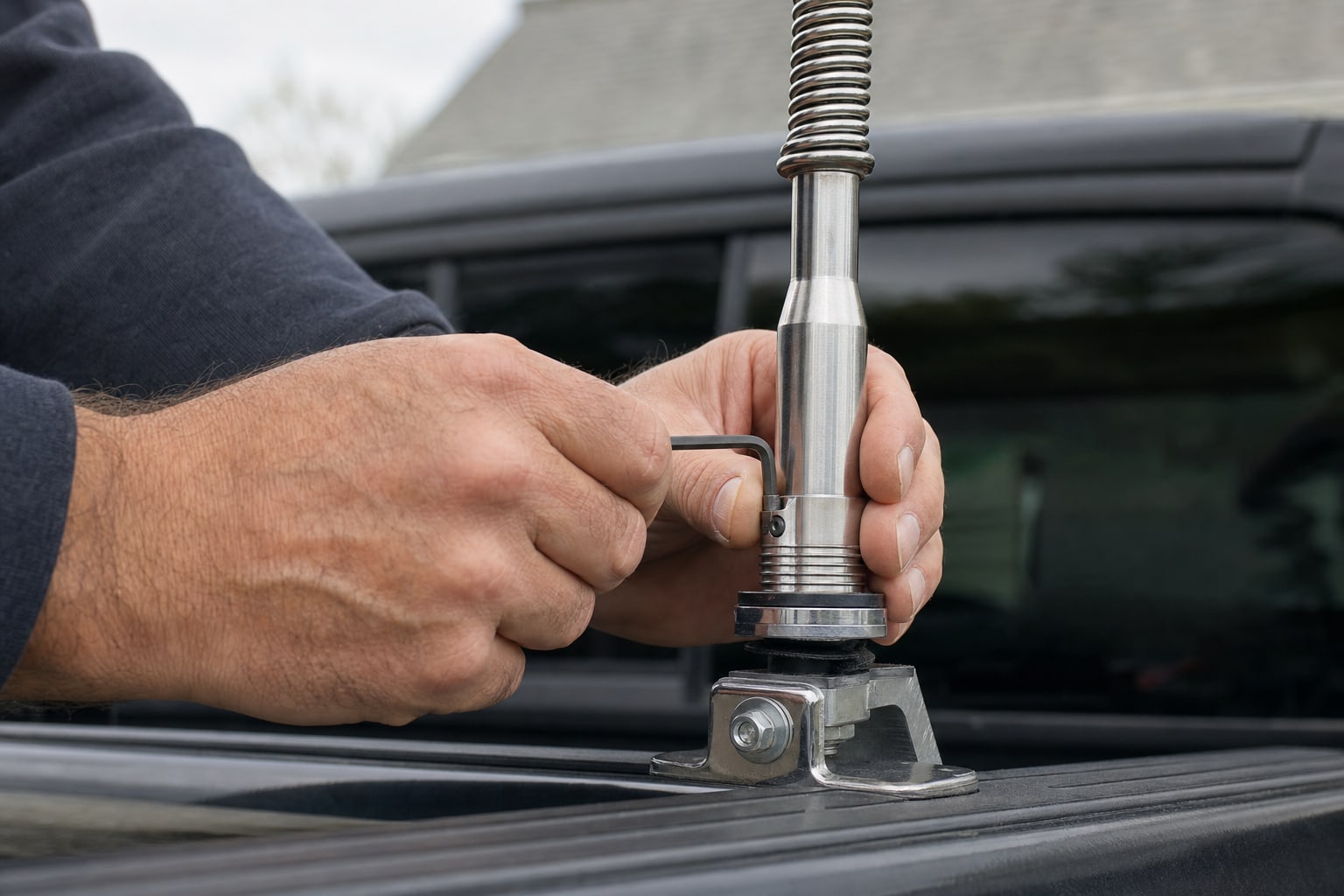 Hands loosening the set screw collar on an adjustable CB antenna whip