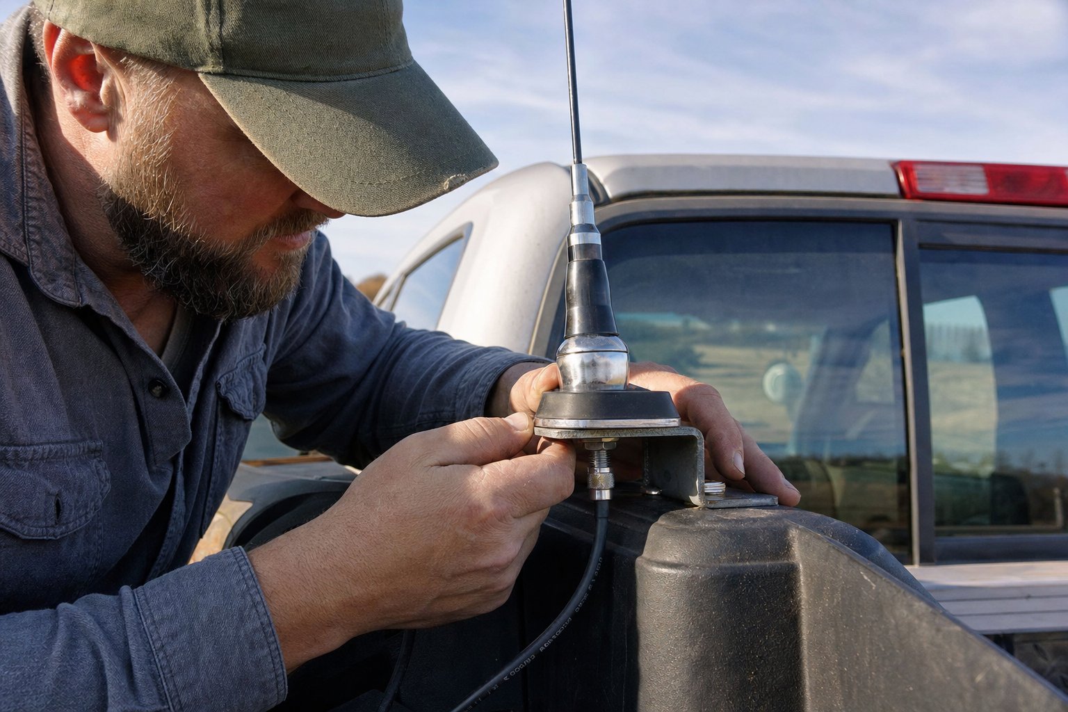 Technician inspecting a CB antenna mount and coax connector on a pickup truck bed rail