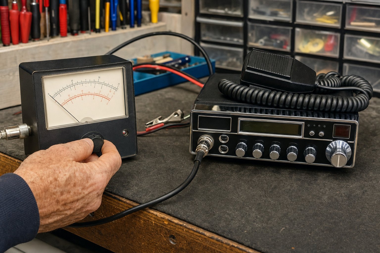 Technician checking an analog SWR meter beside a CB radio on a repair bench