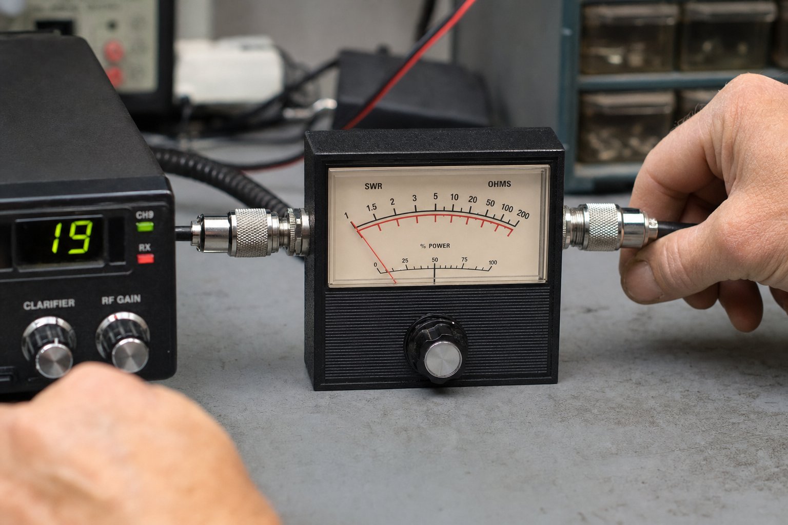 Analog SWR meter connected between a CB radio and antenna coax for a channel test