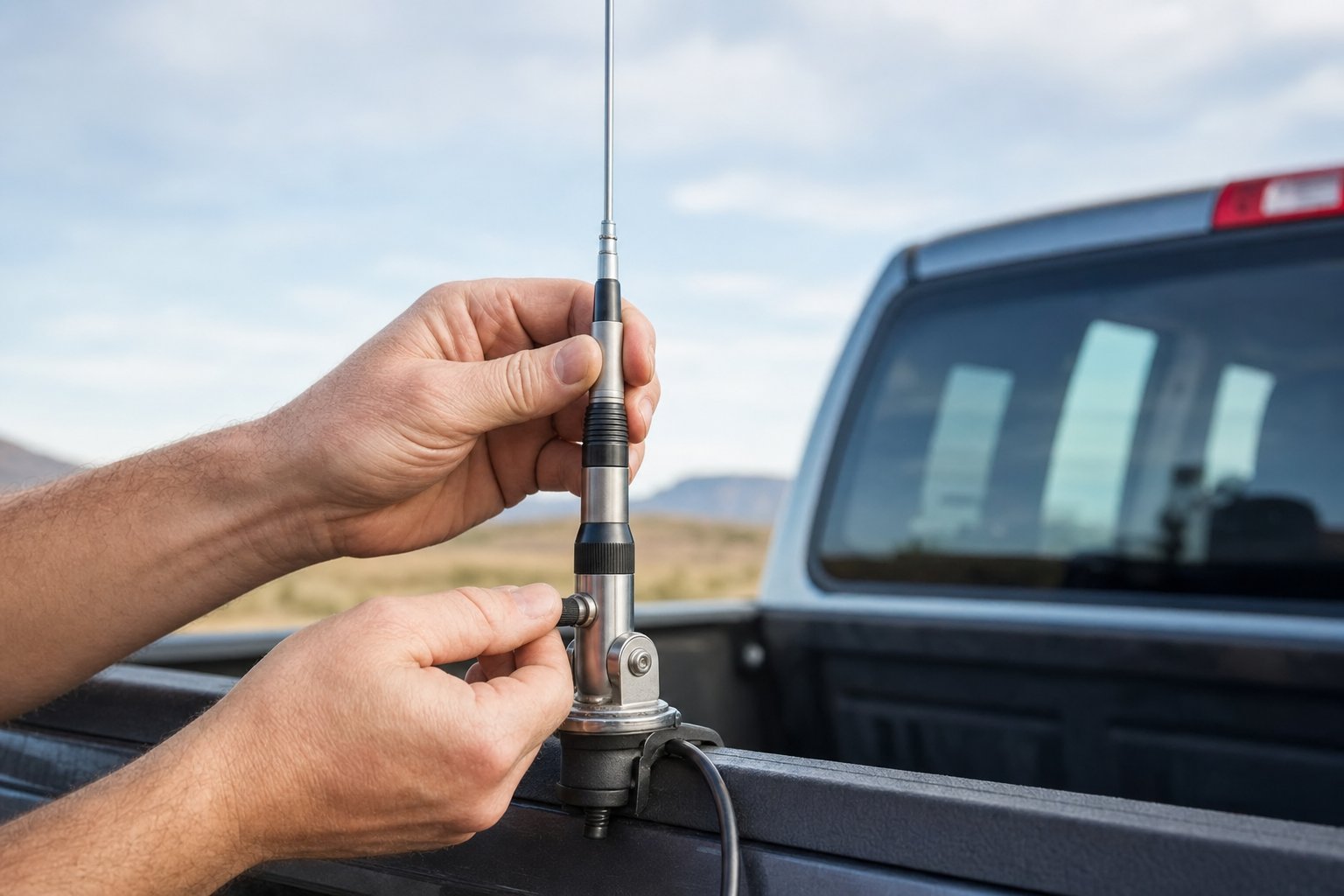 Hands making a small adjustment to a CB antenna whip on a pickup truck bed rail