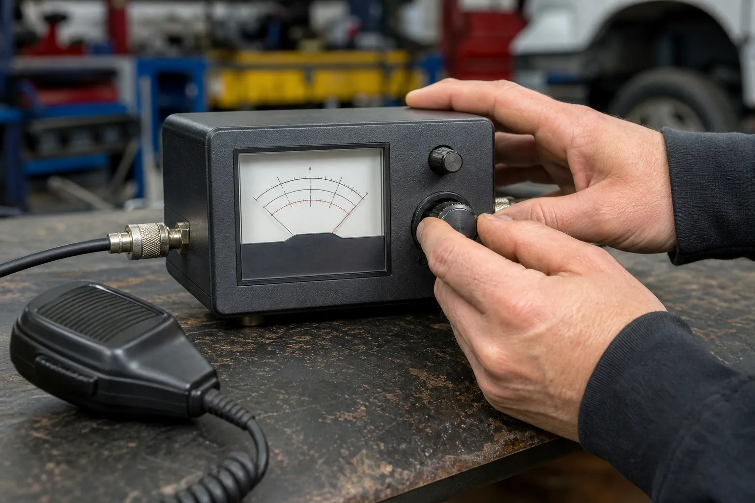 Hands setting the calibration control on an analog SWR meter beside a CB microphone