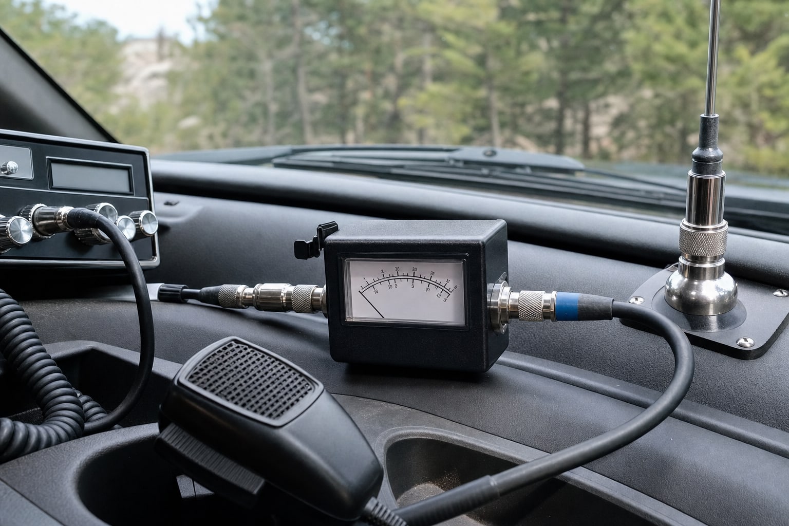 Analog SWR meter connected between a CB radio and antenna coax for a channel test